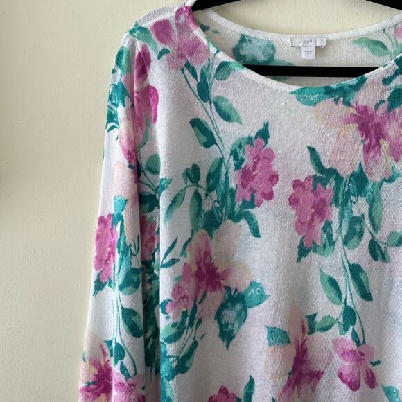 J Jill Floral Linen Blend Sweater Pink Green Size Large 3/4 Sleeve Flowy - Picture 6 of 8
